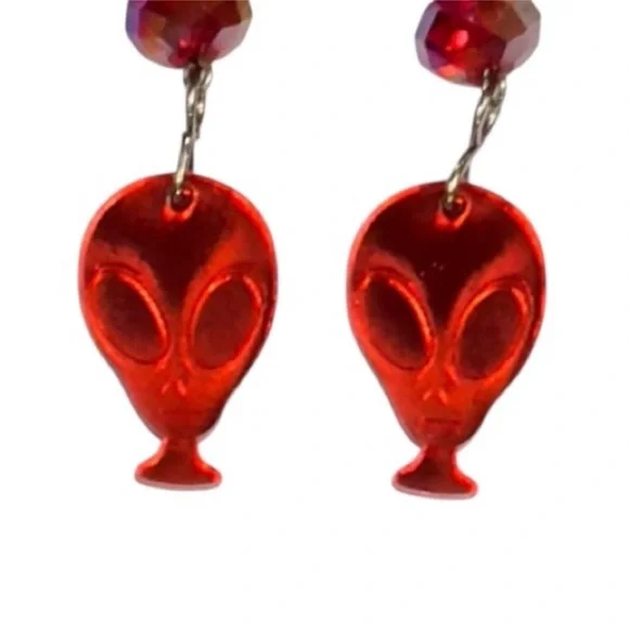 HANDCRAFTED Red ALIEN Face LASER Cut Acrylic Earrings With GLASS BEADS Earrings - Picture 3 of 9